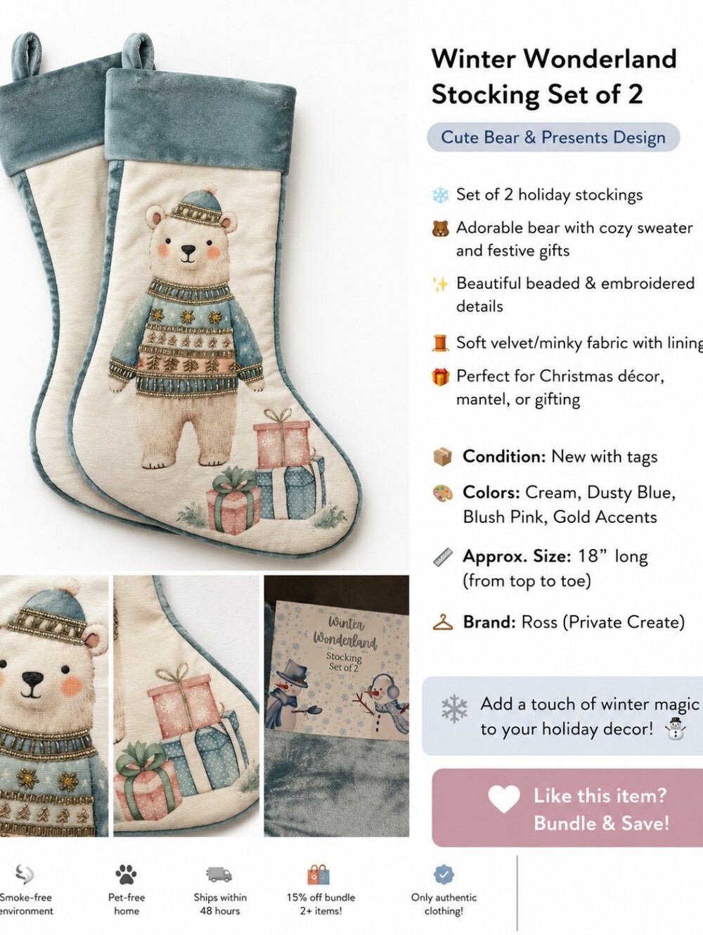 New Winter Wonderland Set of 2 Large Light Blue Bears Stocking For Christmas